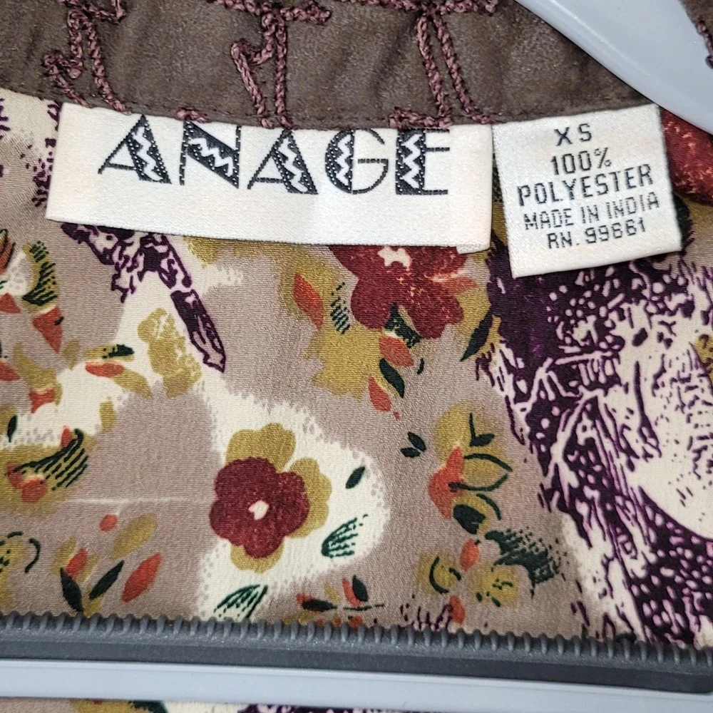 Anage Brown Studded Faux Suede Embroidered Jacket XS Floral Lining Boho Western